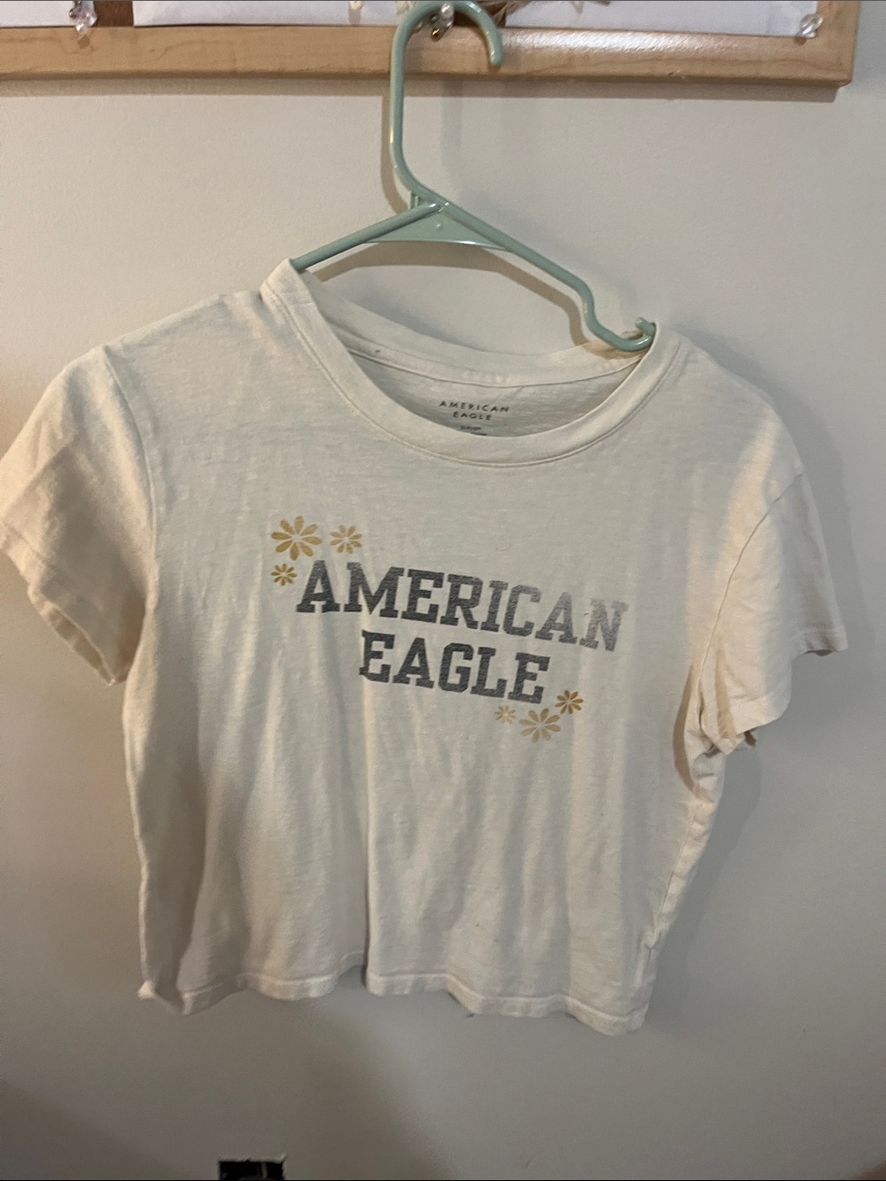American Eagle Outfitters Cream Short Sleeve Tee with Yellow Daisy Accents - Picture 1 of 3